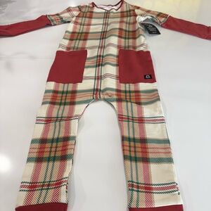 Cozy Plaid Kids Footie with Red and Cream Accents
